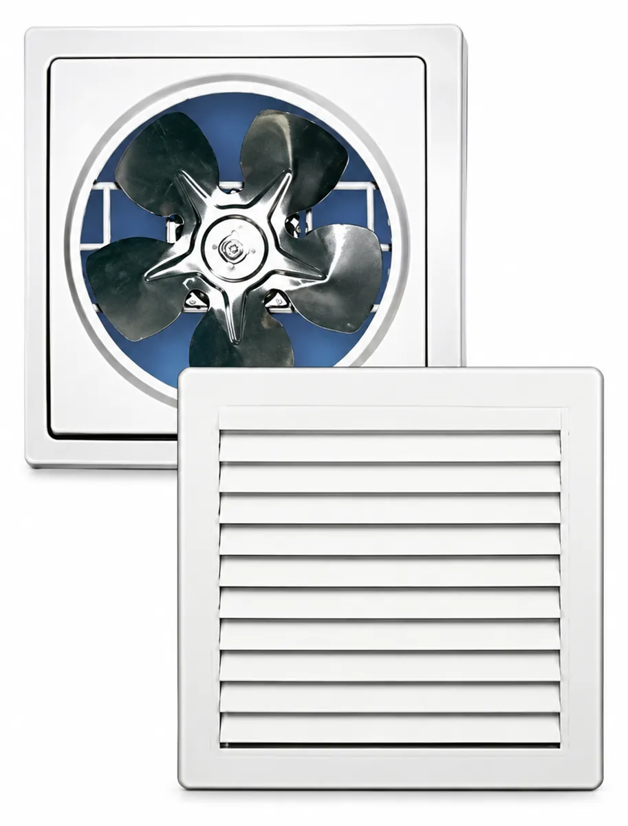Extractor plástico blanco con el aspa a la vista, junto a su rejilla plástica blanca