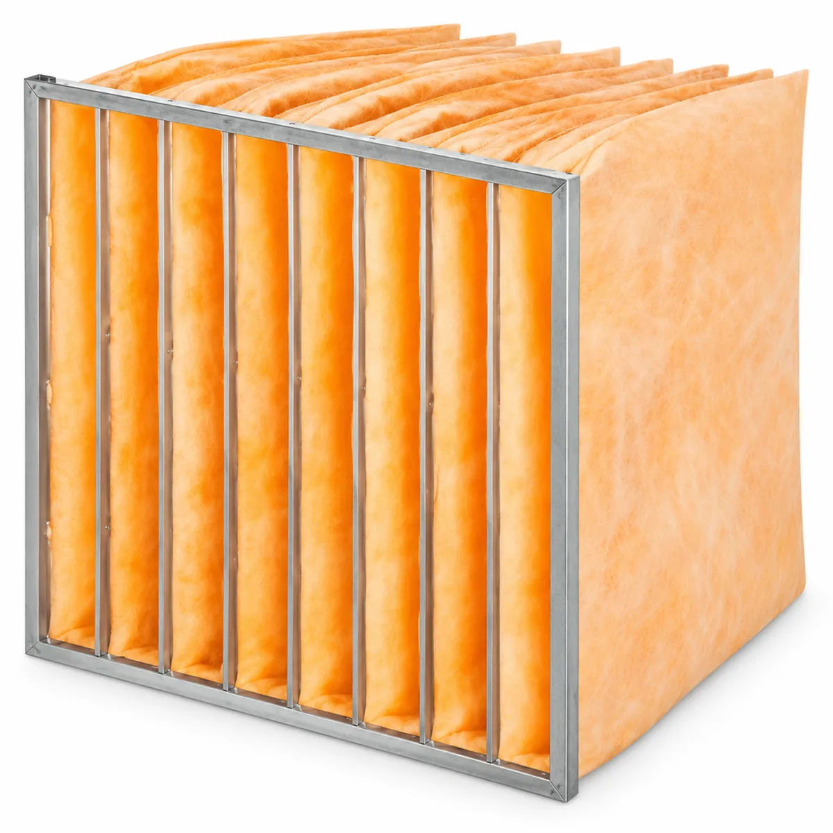 Filtro de bolsas de color naranja en marco metálico