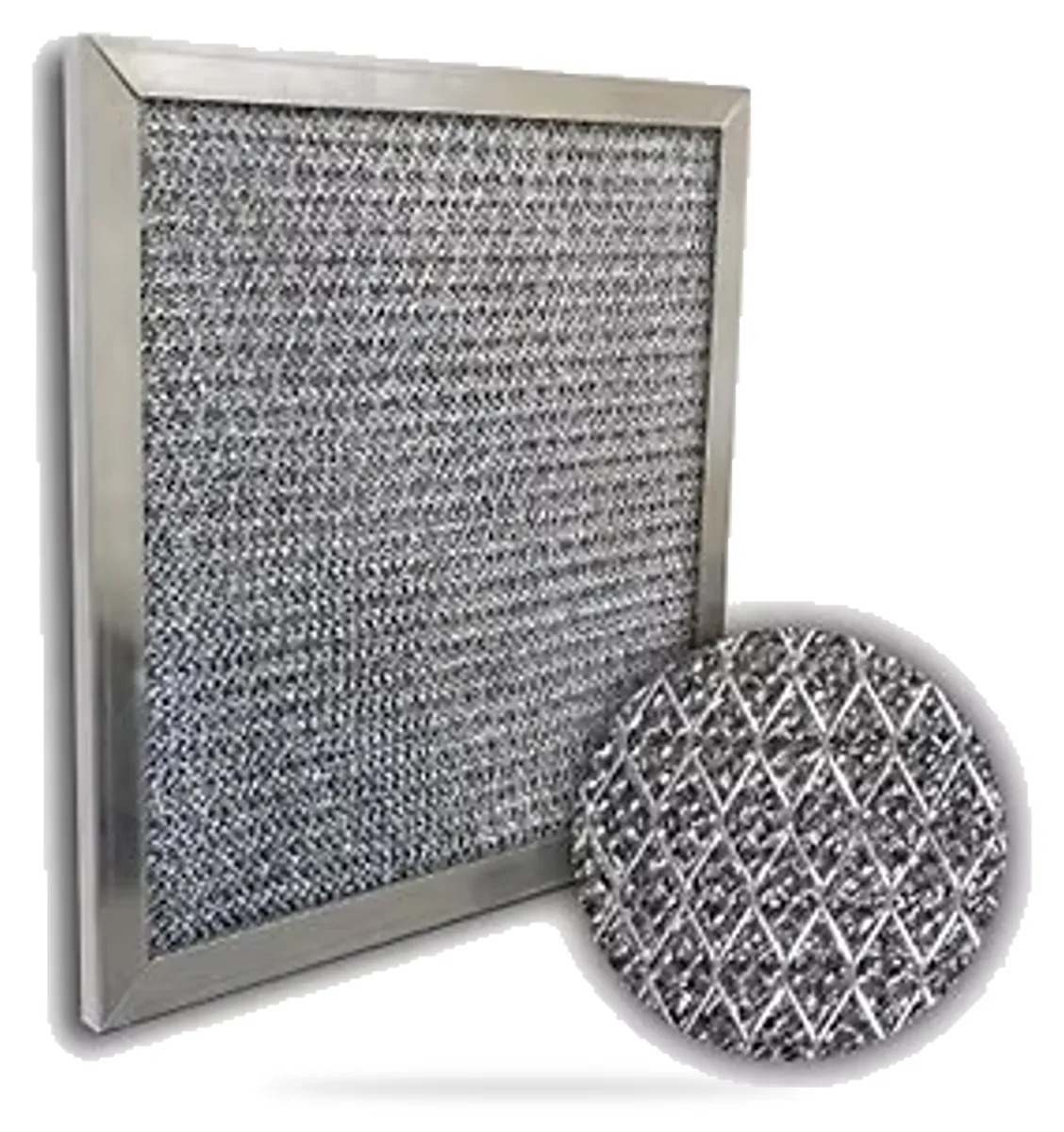 Filtro de malla de aluminio en marco metálico, con detalle ampliado de la malla