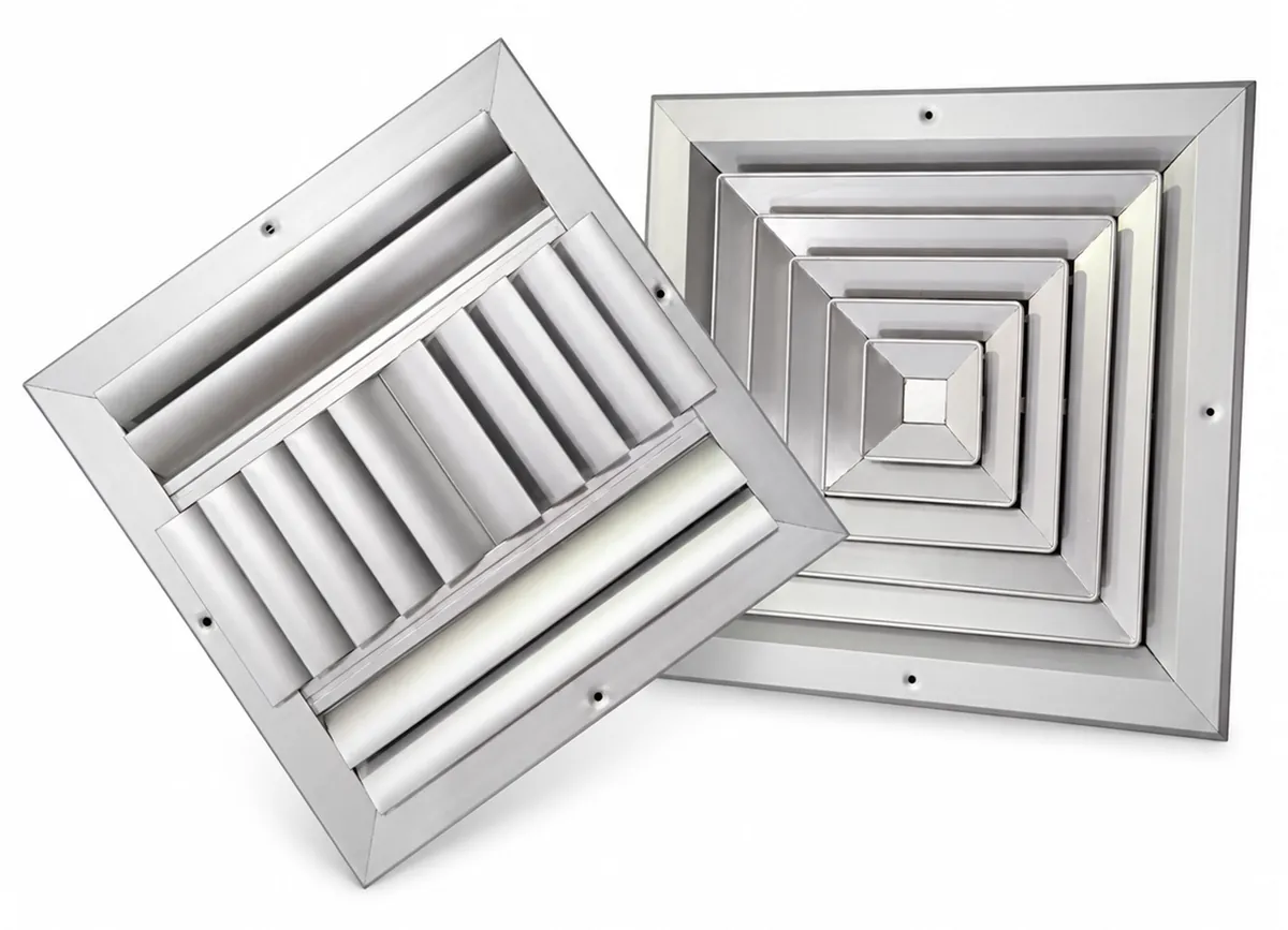 Dos difusores de techo cuadrados de aluminio: uno de aletas en una vía y otro de cuatro vías concéntricas