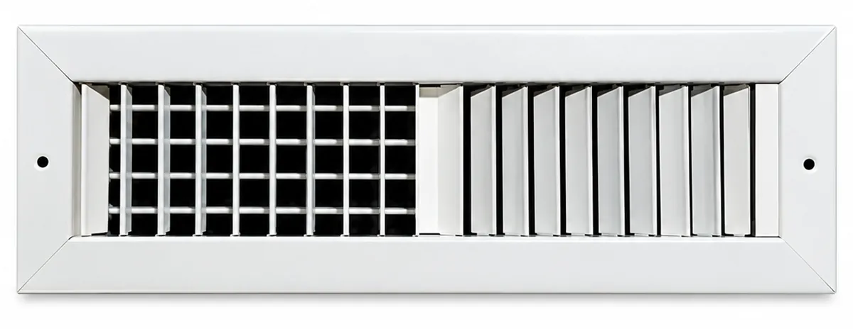 Rejilla dual de aluminio blanco: una mitad en cuadrícula y otra con aletas verticales
