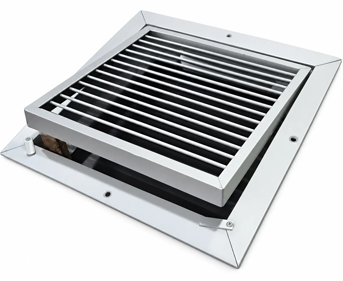 Rejilla de retorno de aluminio con marco porta filtro abatible, vista en perspectiva