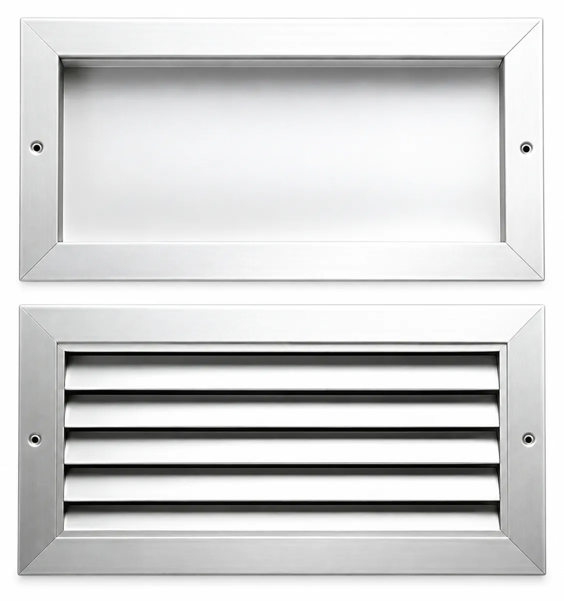 Romanilla para puerta en dos piezas de aluminio: contramarco liso y cara con aletas horizontales