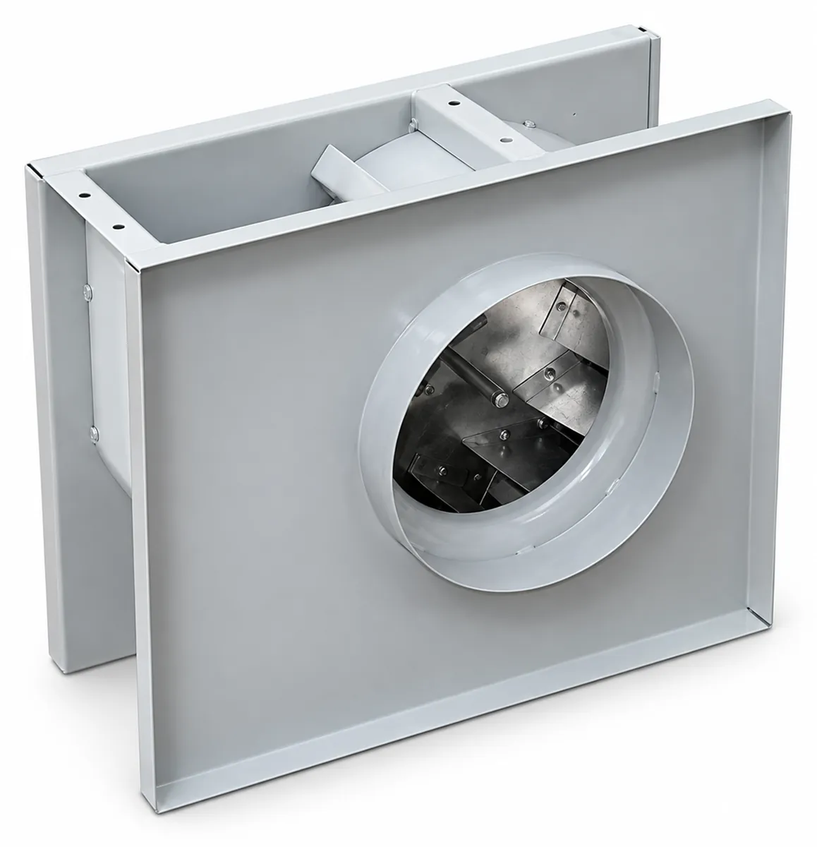 Ventilador centrífugo de carcasa metálica gris con boca de aspiración circular
