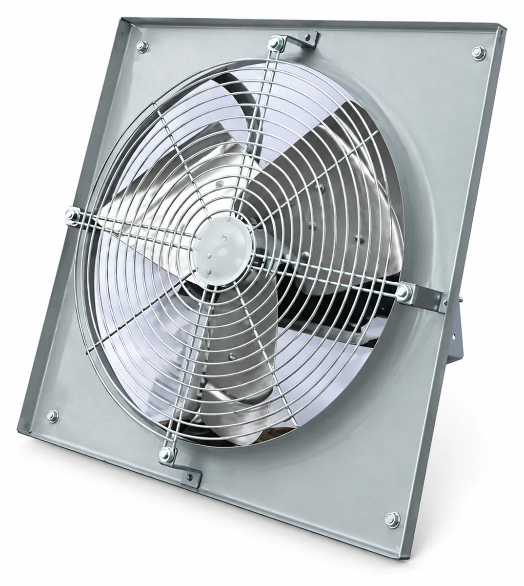 Ventilador helicoidal de marco cuadrado gris con hélice y rejilla de protección