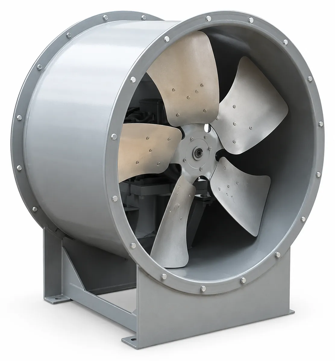 Ventilador turboaxial de carcasa cilíndrica gris con hélice de cinco palas y base de apoyo
