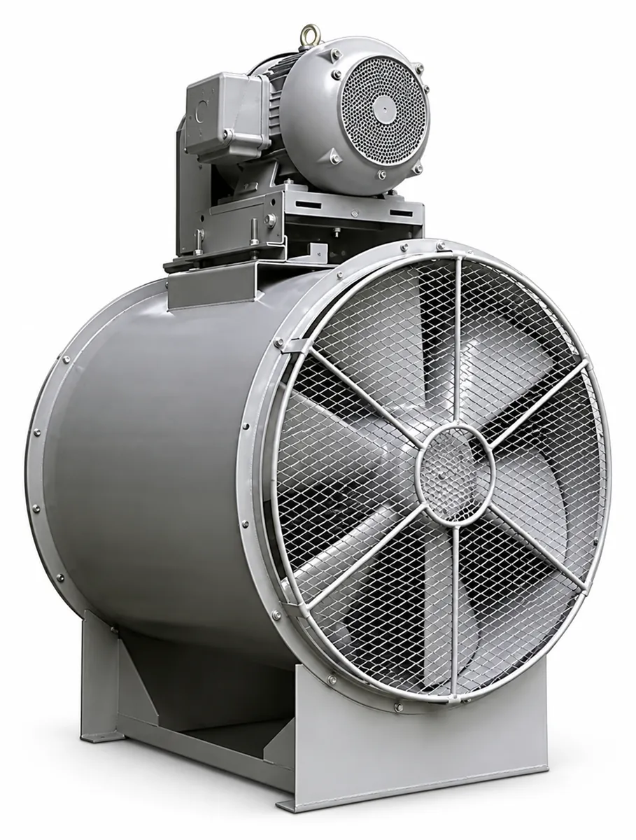 Ventilador venaxial cilíndrico gris con rejilla frontal y motor montado encima